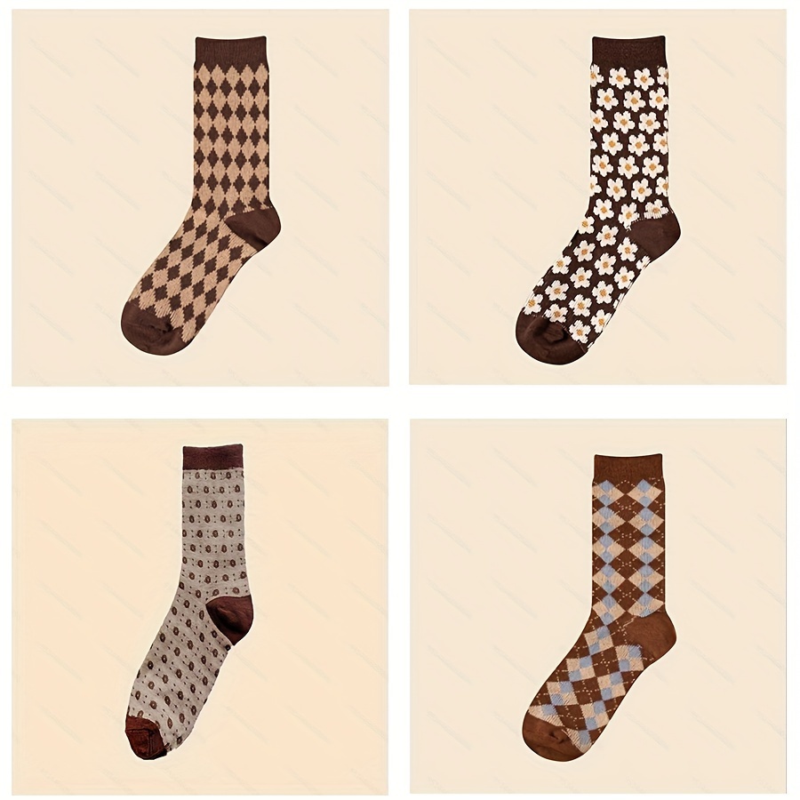 2pairs Women's Brown British Style Plaid College Casual Mid-calf Socks,  Suitable For Daily Wear