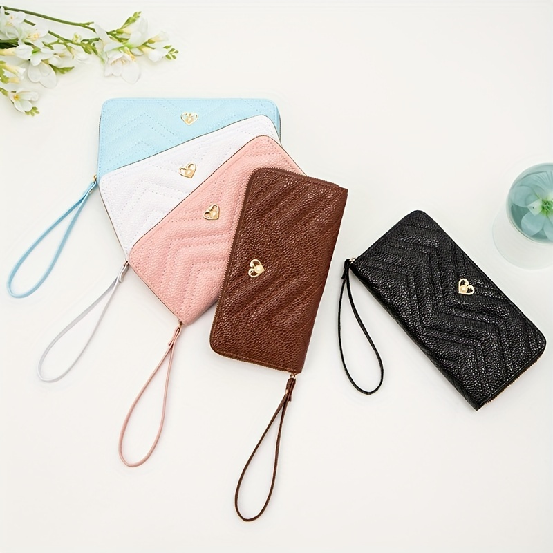 Ladies long pu leather wallet fashion zipper large capacity long card  holder heart-shaped embroidery money bag phone coin wallet