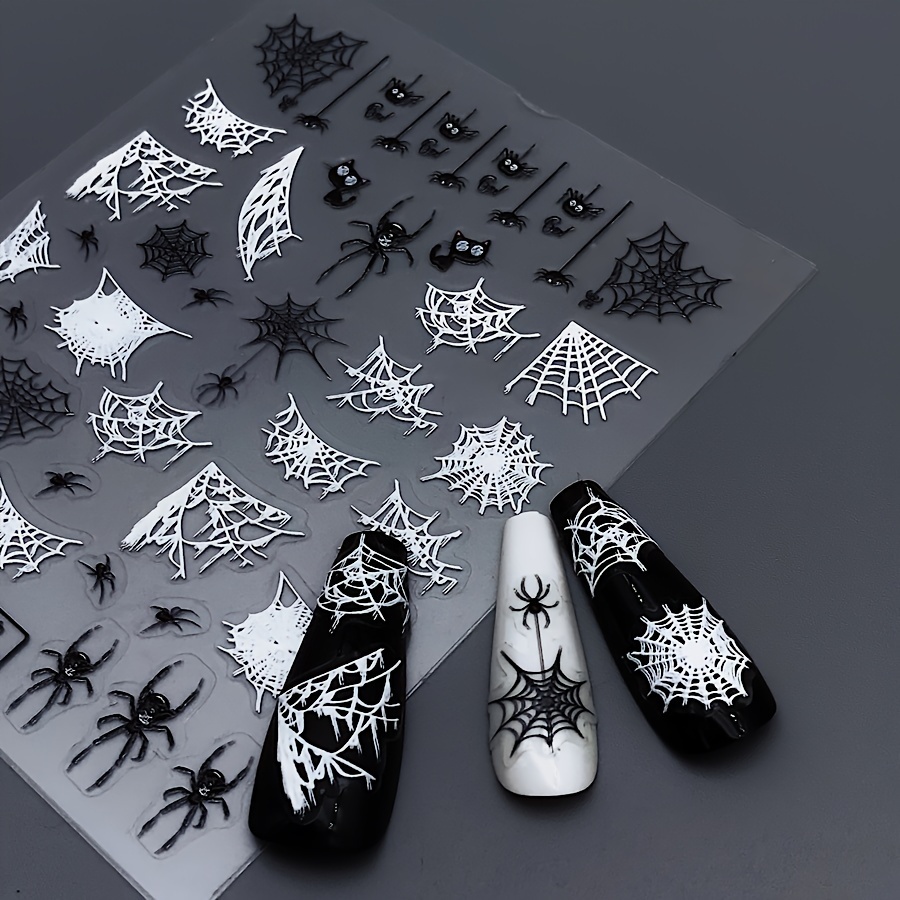 

5d Embossed Nail Art Stickers, Nail Decals With Black White Spider Web Design, Nail Adhesive Decoration Sticker For Women Girls Nail Art Diy
