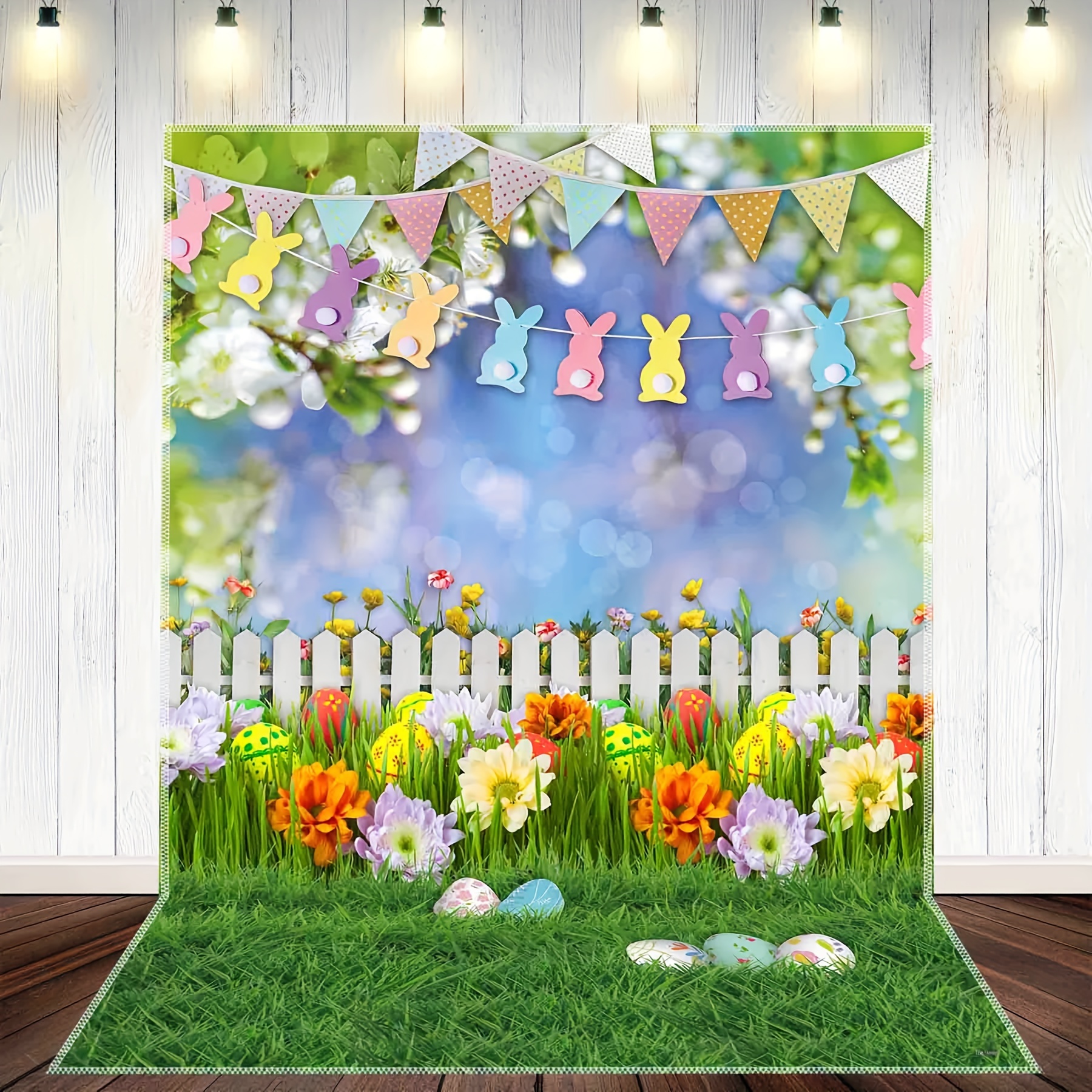 

1pc, 5x7ft/6x8ft/8x10ft Spring Easter Polyester Photography Backdrop, Grass Colorful Eggs Rabbit Flag Garden Background, Bokeh Fence Lawn Decorations, Photo Booths Room Decor