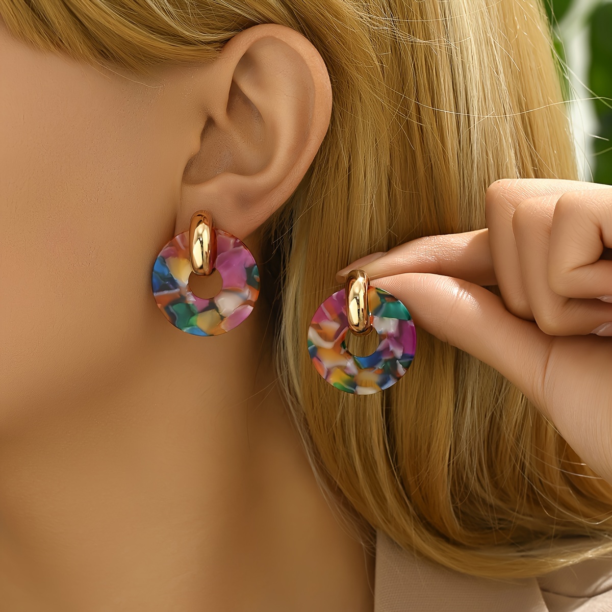 

Elegant Style Dangle Earrings, Vibrant Color Round Acetate Drop Earrings, Vintage Style Hollow Circle Drop Earrings