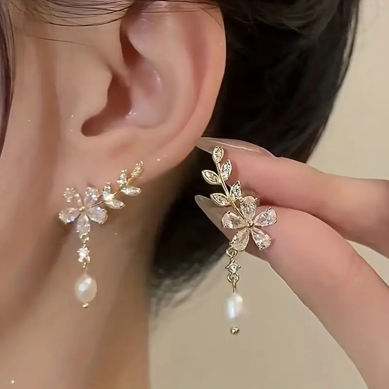 zircon flower faux pearl decor earrings vintage elegant earrings fashion party or everyday wear details 1