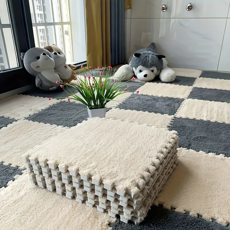12pcs/Set, Plush Puzzle Foam Floor Mat, Thick Interlocking Fluffy Tiles  With Border, Square Rug Split Joint, Soft Climbing Carpet Mats, Shaggy Area  Ru