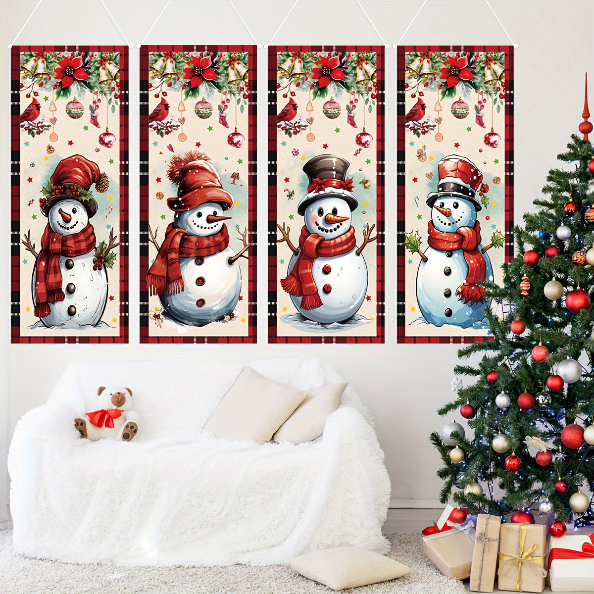 Set/4pcs, Vintage Christmas Ornaments Santa Claus Portrait Outdoor  Christmas Decoration, Polyester Vintage Christmas Background Poster New  Year Indoor