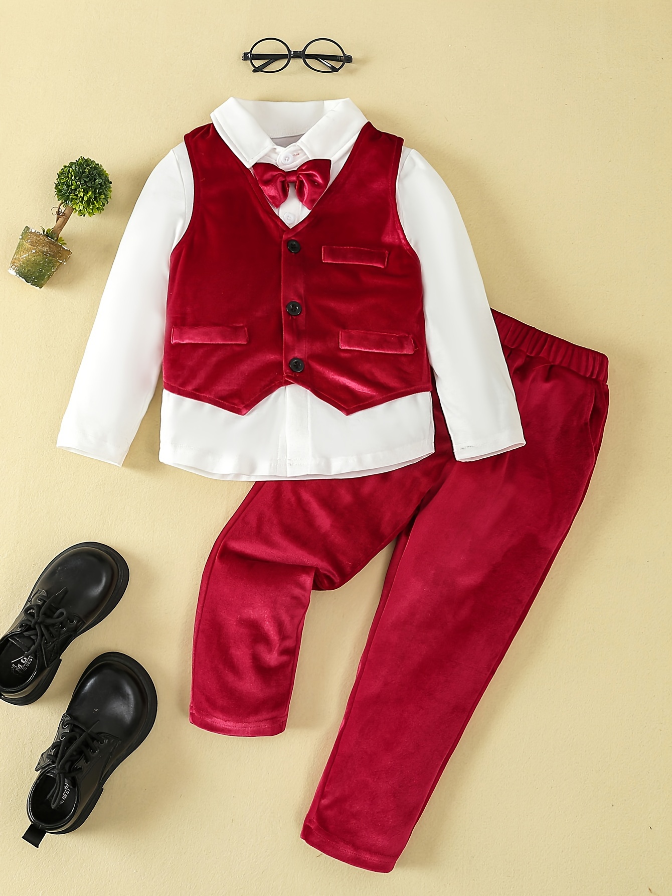 3 Pezzi Ragazzi Formali Velluto Abiti Da Gentiluomo Camicia A Maniche  Lunghe Con Papillon E Pantaloni E Gilet, Set Di Abbigliamento Per Bambini  Per