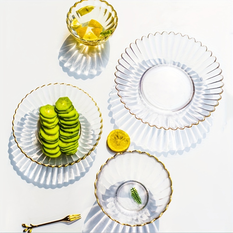 Golden Edge Glass Salad Bowl - Transparent Tableware For
