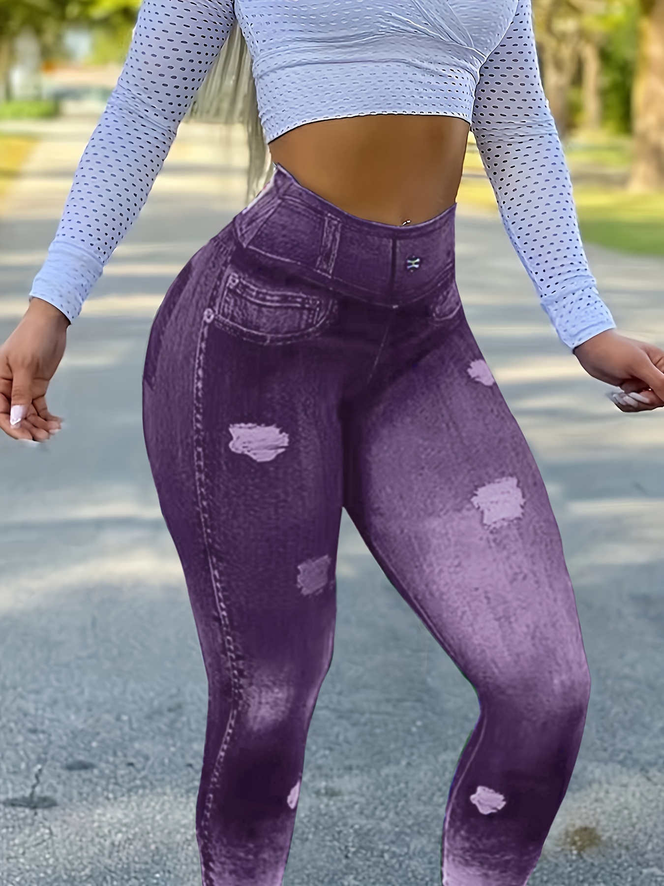 Dark Denim High Waist Women's Denim Print Fake Faux Jeans Leggings Pants