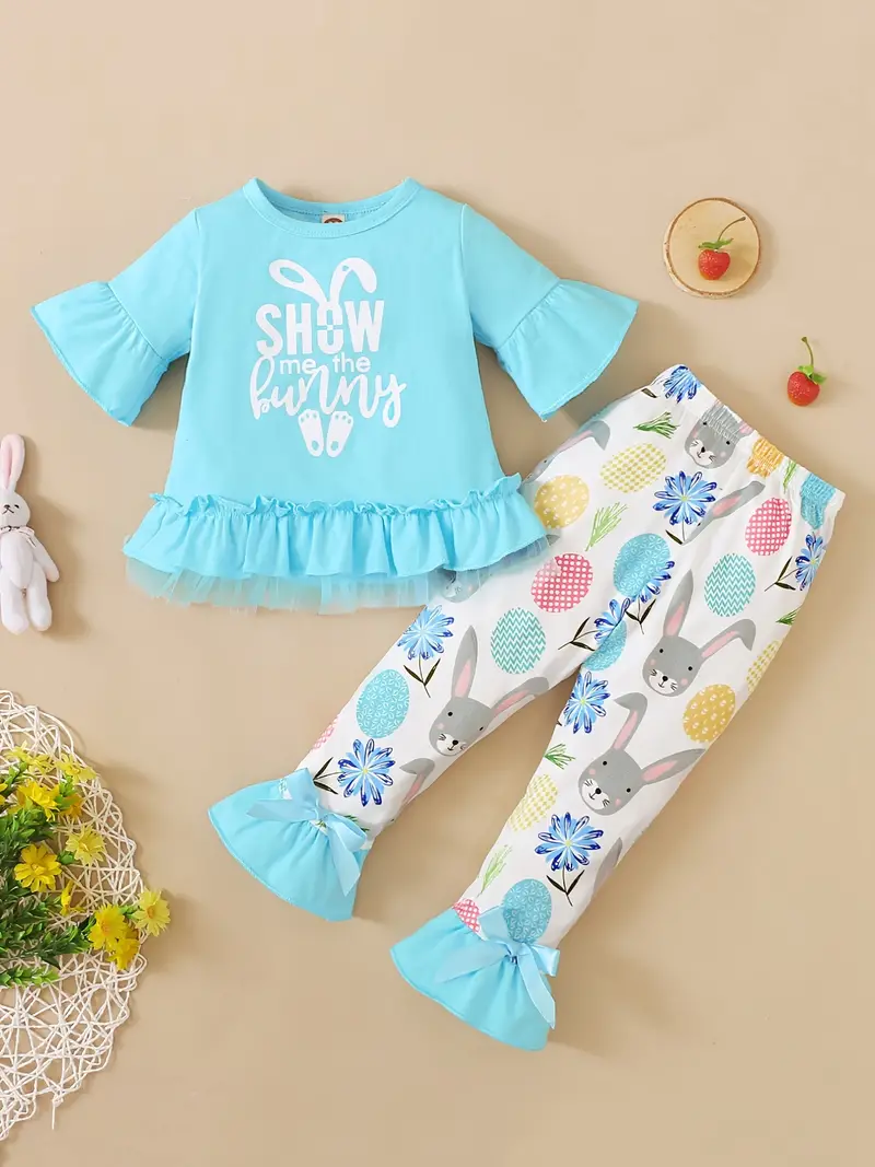 Toddler Baby Girls Easter Clothes Short Sleeve Bunny Print Ruffled Hem Top  + Flare Pants Set Kids Clothes