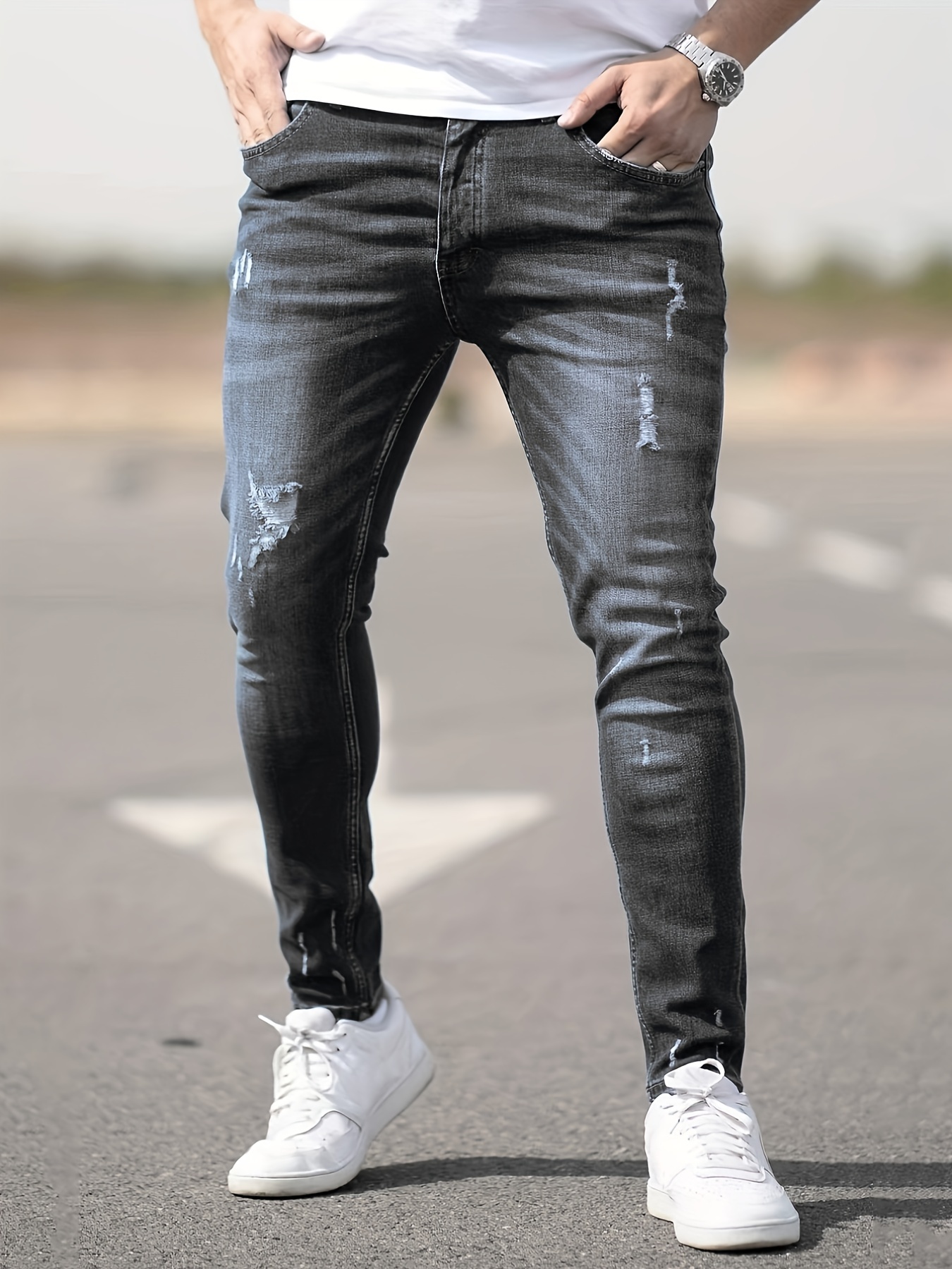 krølle Forud type Kvadrant Slim Fit Ripped Tapered Jeans Mens Casual Street Style Distressed Mid  Stretch Denim Pants For Spring Summer - Men's Clothing - Temu