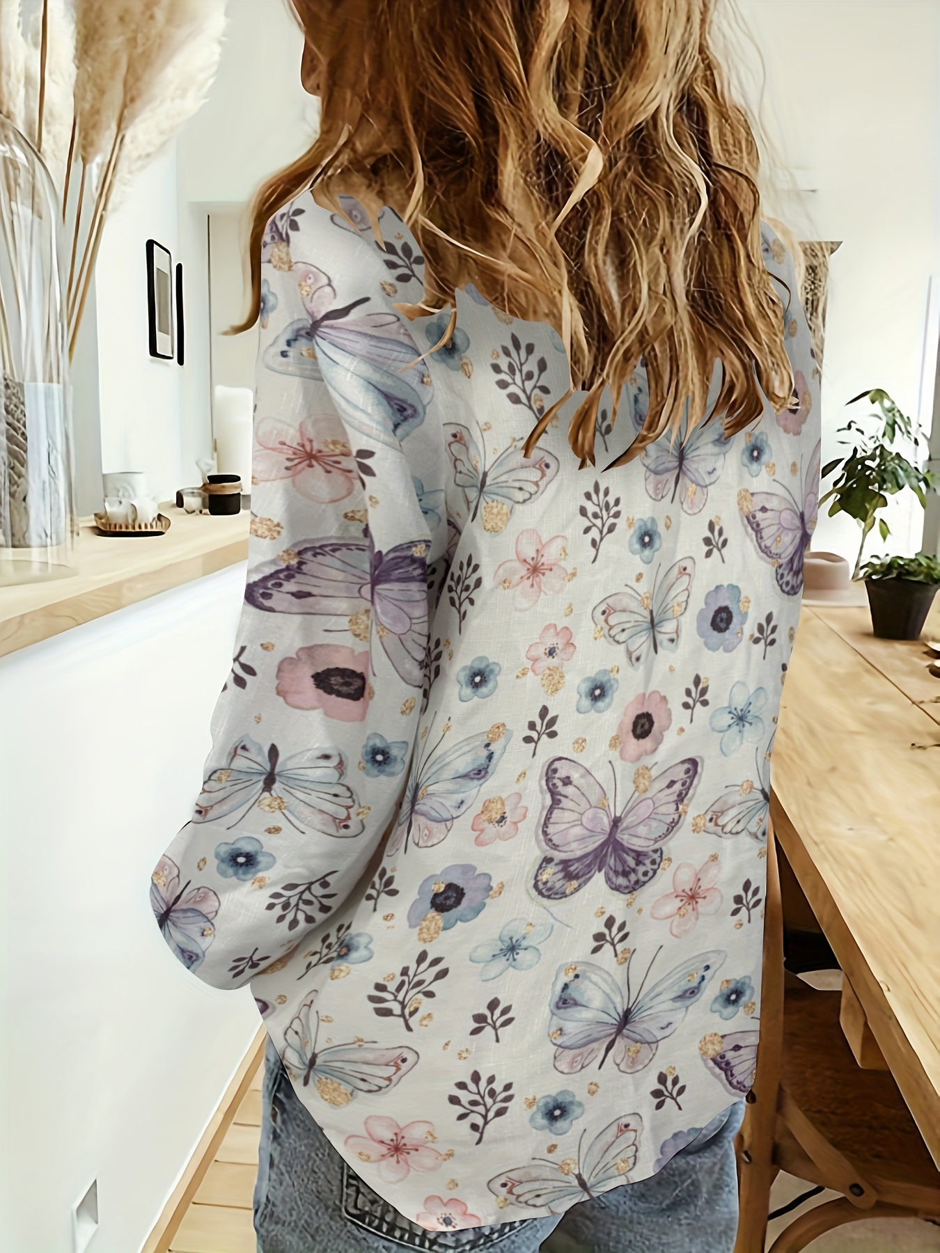 floral butterfly print polo collar shirt casual long sleeve button up shirt for spring fall womens clothing