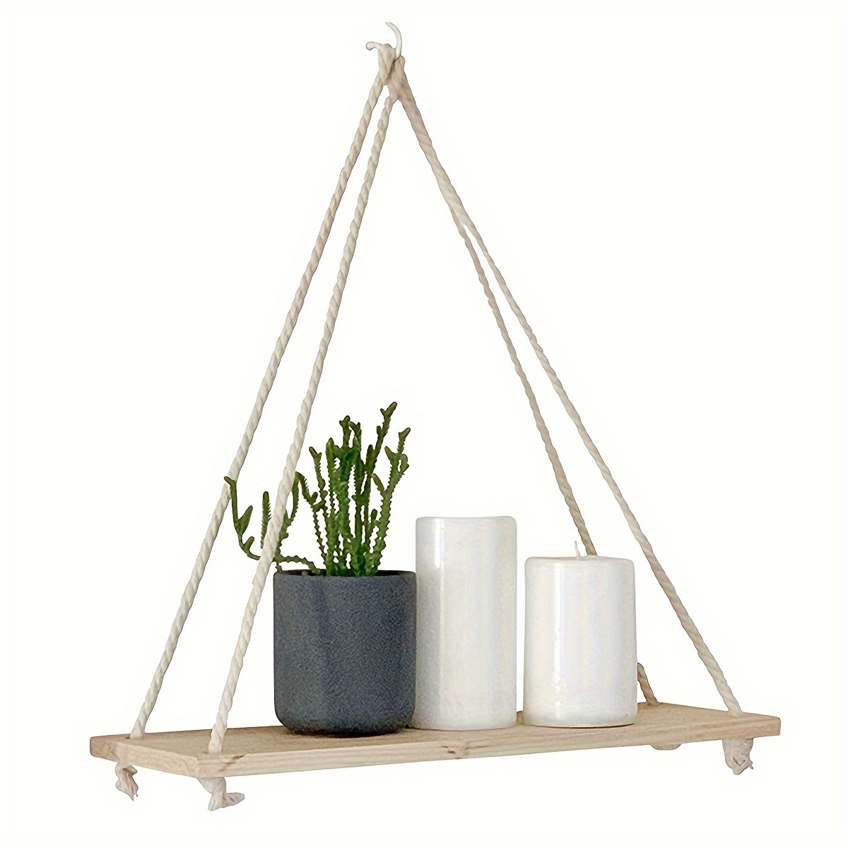 Image of 1pc Wood Hanging Shelves For Wall Boho Decor Swing Rope Rustic Floating Shelf, Wall Display Shelving Home Organizer Rack For Living Room Bedroom Bathroom, Floating Shelves