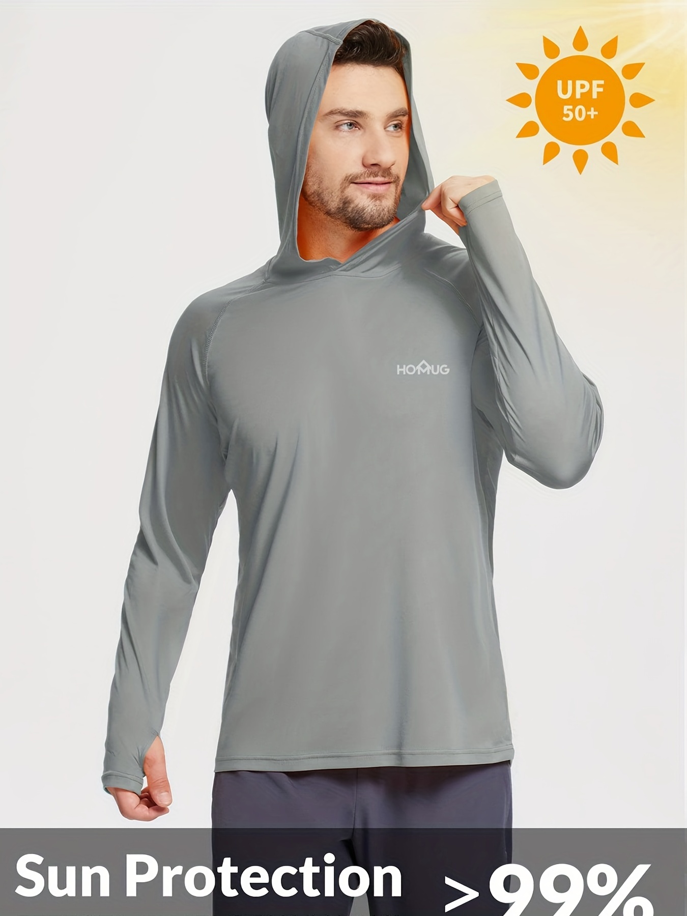 Men's Upf 50+ Sun Protection Hooded T-Shirt, Quick Dry Thumbhole Design Slightly Stretch Tee For Fishing Workout
