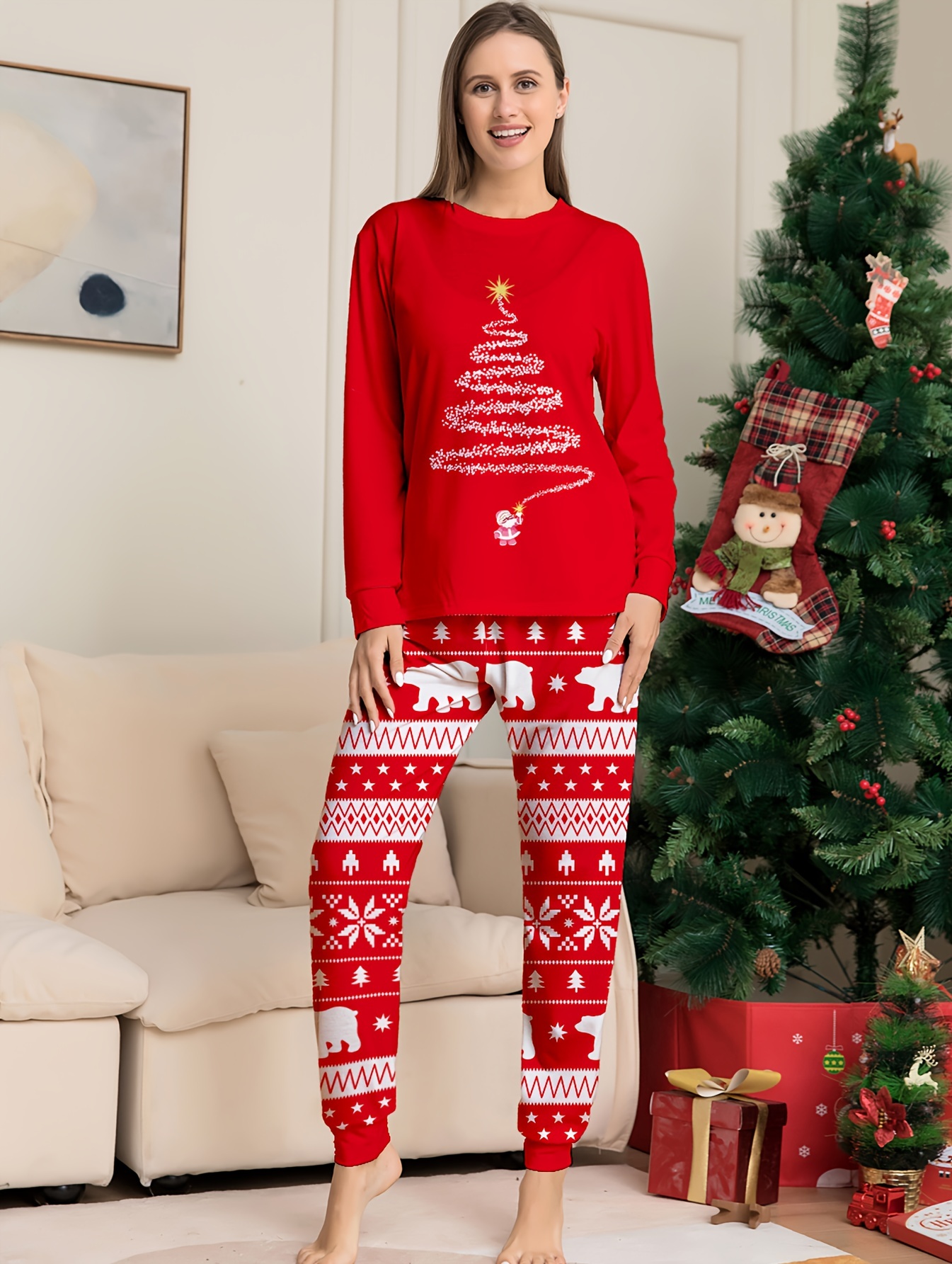 Christmas Women's Pajama Set, Cute Soft Blouse Pajama Tops With Pocket &  Elastic Waistband Pants, Women's Sleepwear & Lingerie