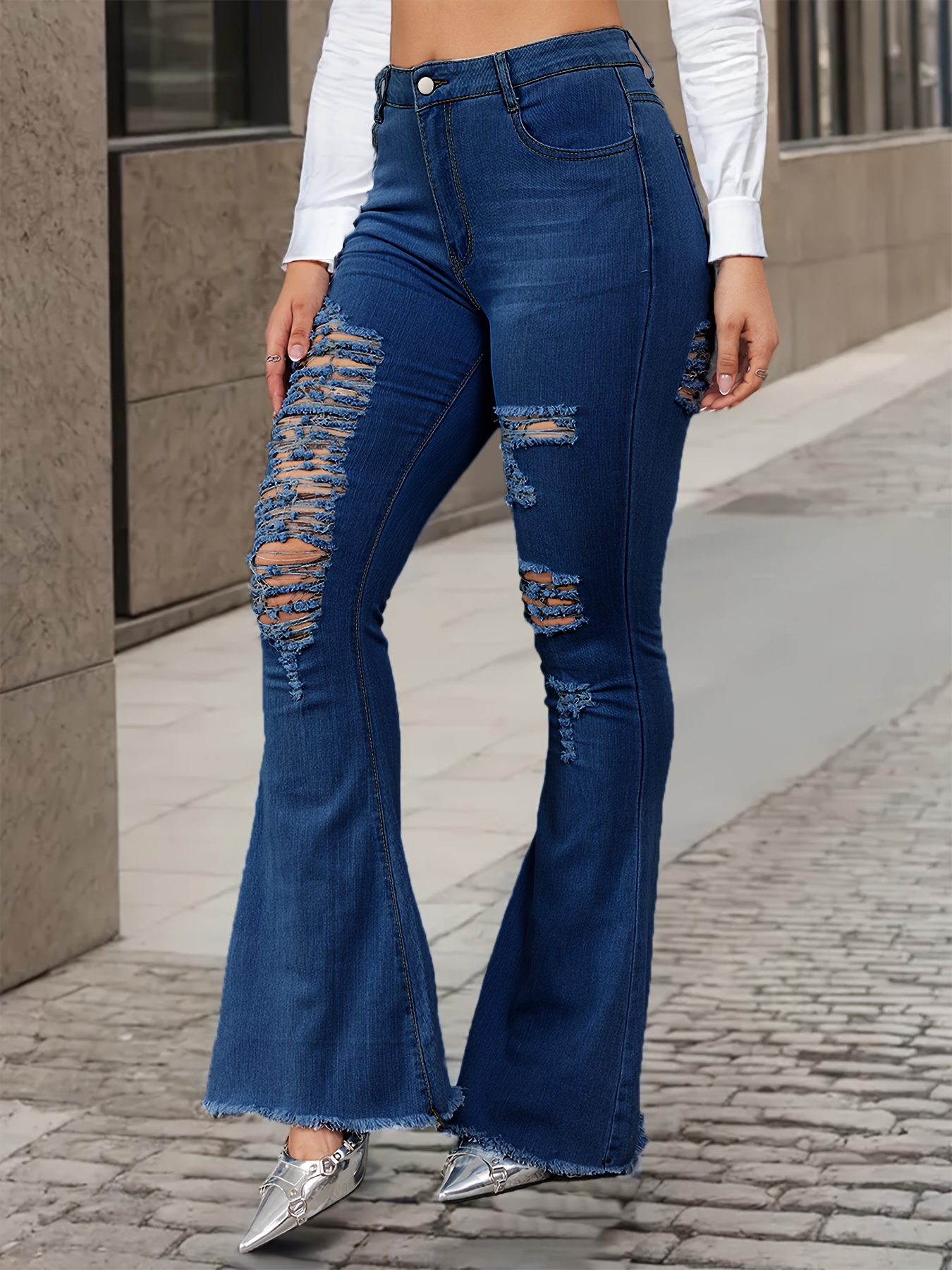 Ripped Holes Chic Flare Jeans * Hem Slight Stretch Bell Bottom Jeans,  Women's Denim Jeans & Clothing