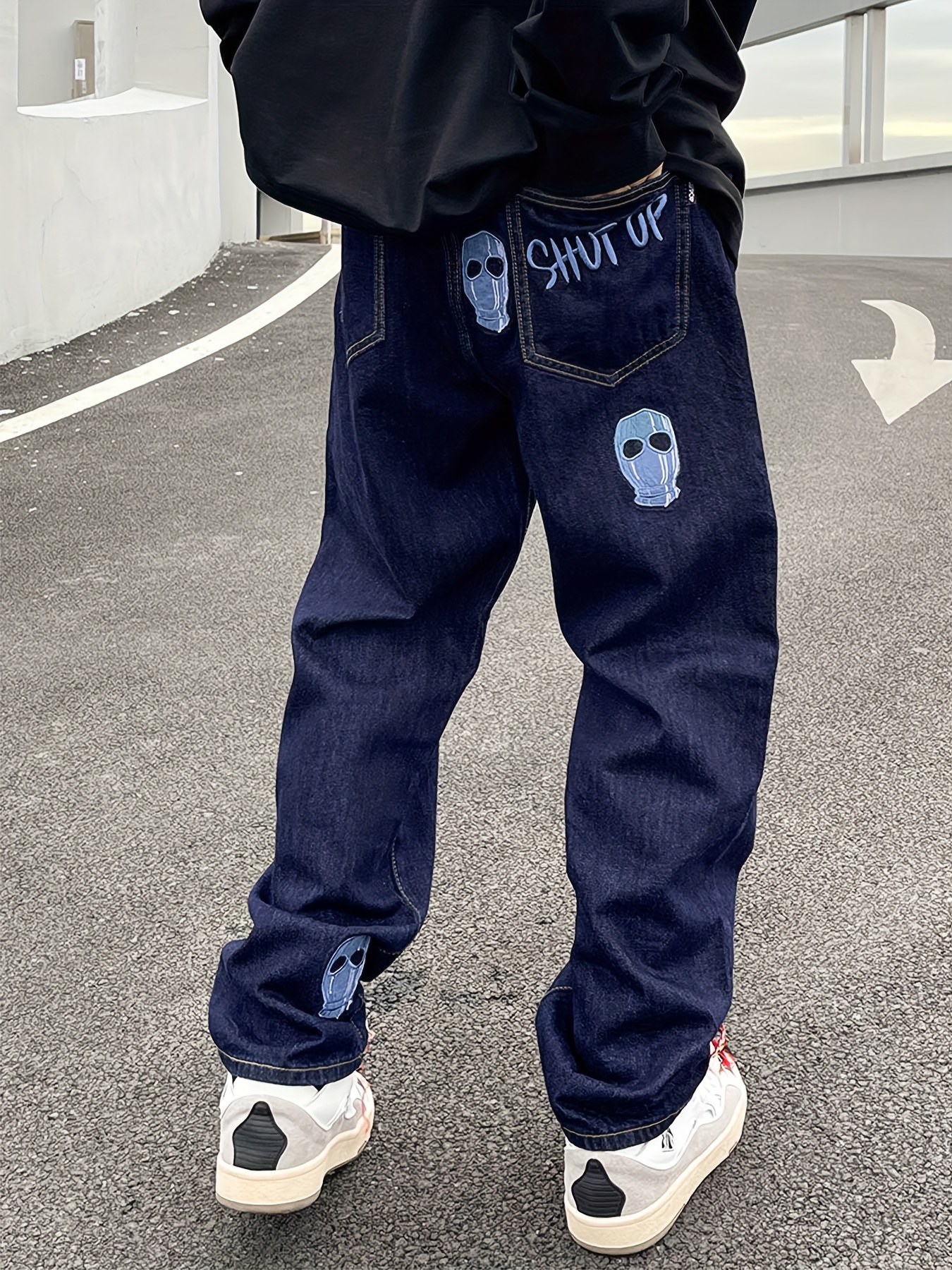 Y2k Men's Portrait Embroidery Jeans, Casual Street Style Denim Pants