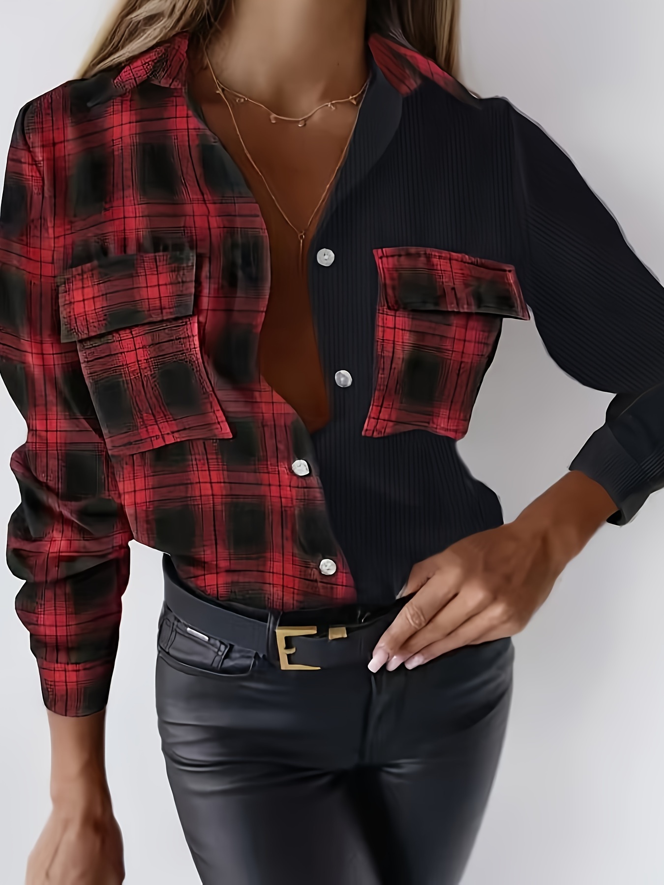 Color Block Stitching Shirt Casual Pocket Long Sleeve Button - Temu