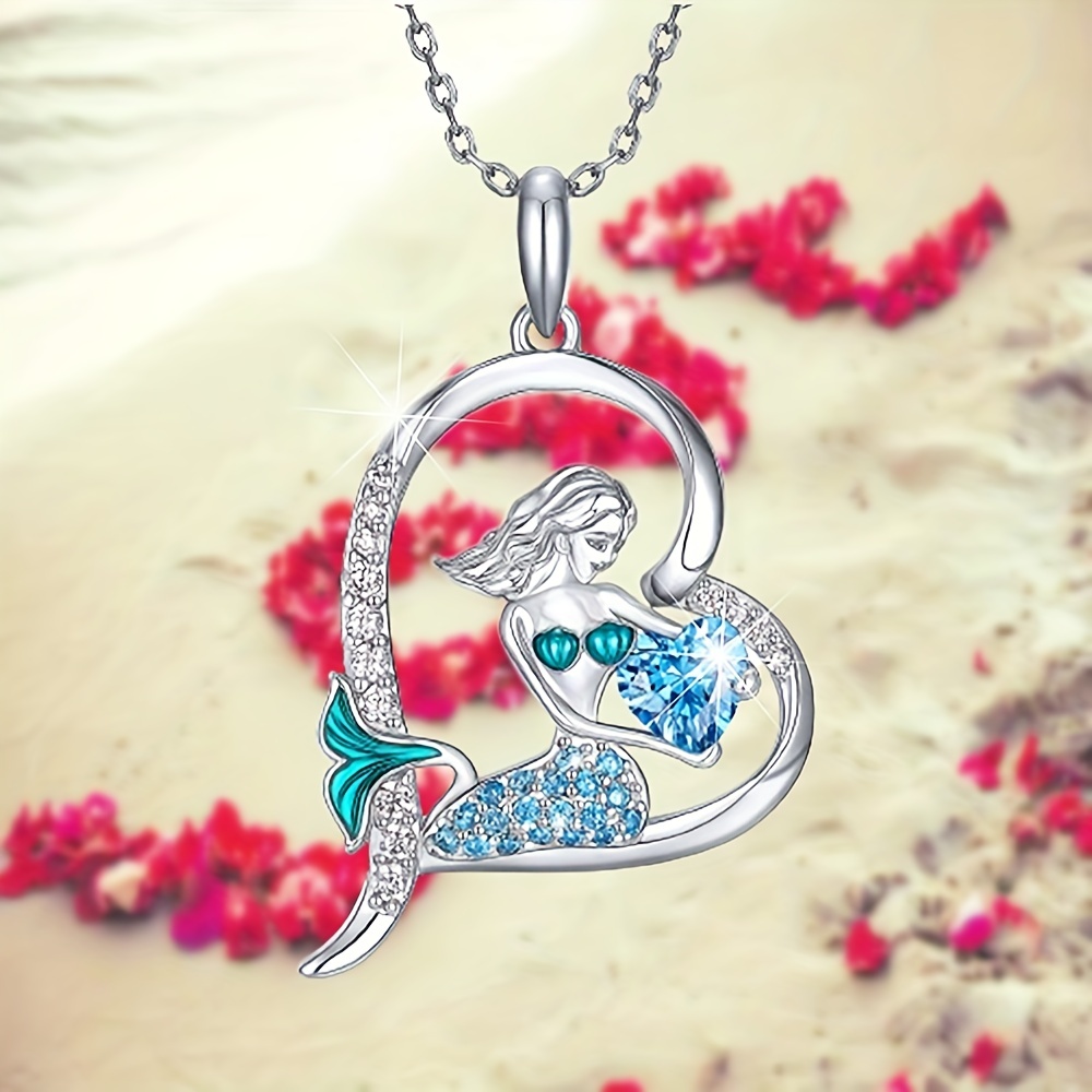 1pc Elegant Heart Mermaid Necklace For Men And Women , Sparkling Blue  Crystal Mermaid Clavicle Chain Pendant, Fashion Party Jewelry For  Girlfriend Wi