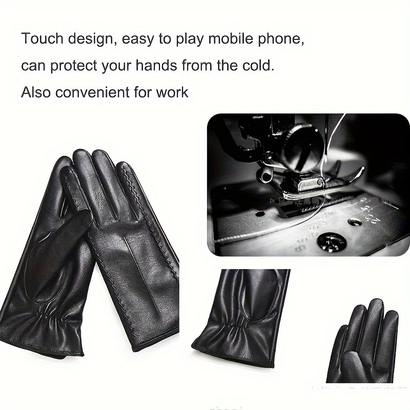 Stylish Black PU Leather Gloves Short Tighten Cuff Velvet Lined Warm Gloves  Winter Coldproof Waterproof Touchscreen Gloves