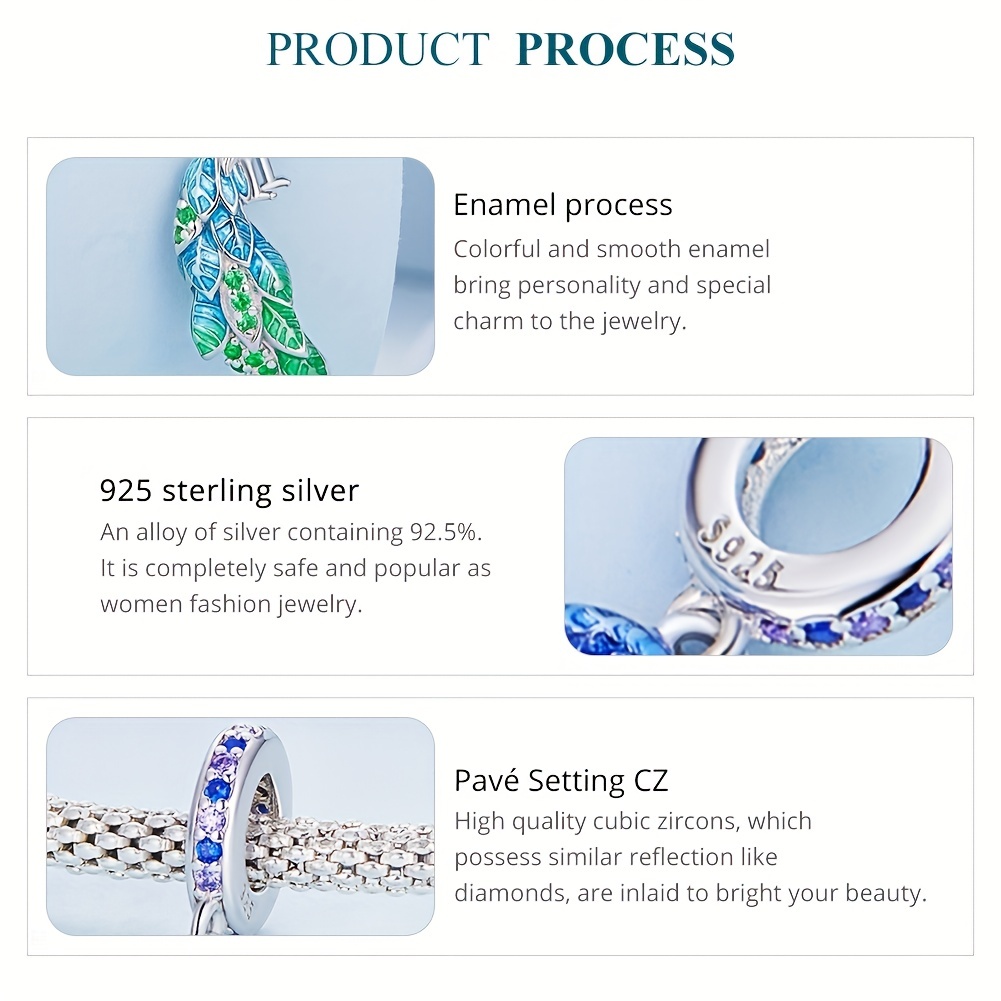 925 Sterling Silver Peacock Hanging Beads - No Chain