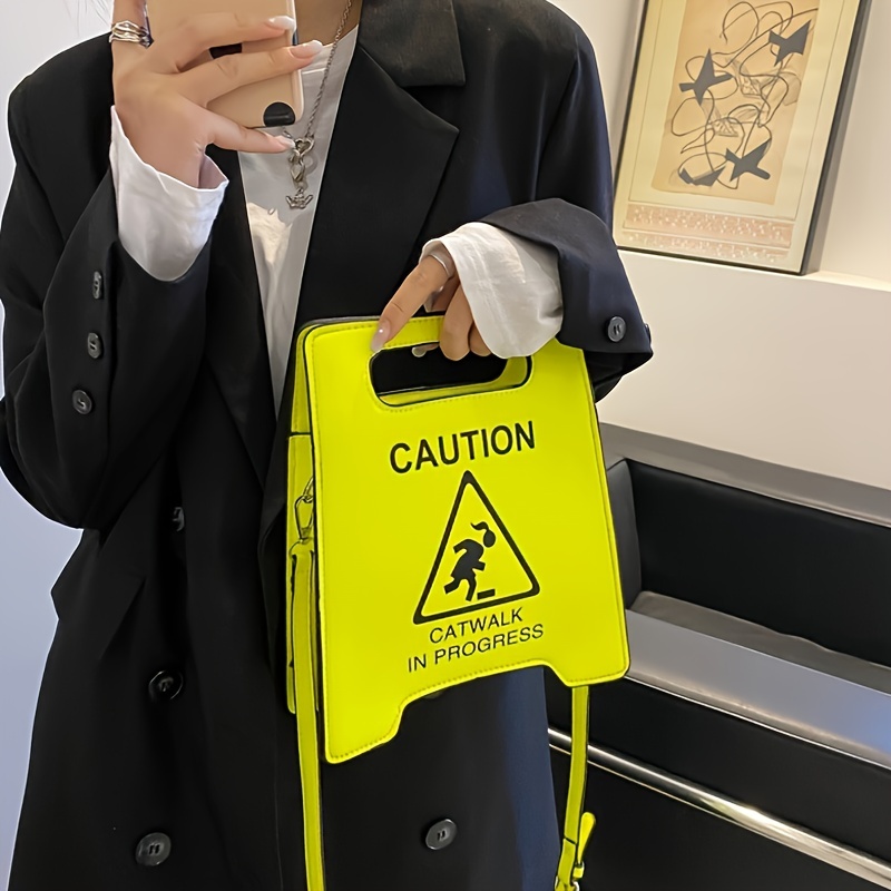 Warning Sign Design Novelty Bag, Faux Leather Crossbody Bag