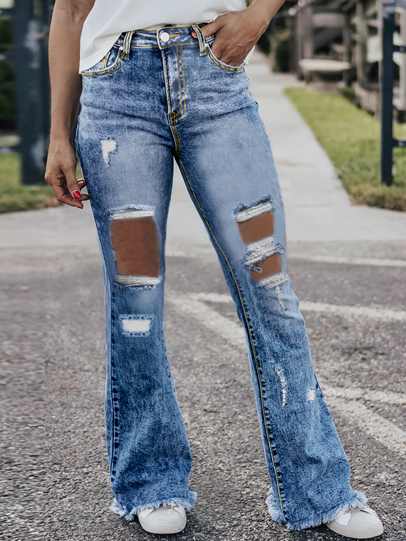 Raw Trim Ripped Holes Distressed Denim Pants, Loose Breathable Stretchy  Bell Bottom Jeans With Pocket, Women's Denim Jeans & Clothing