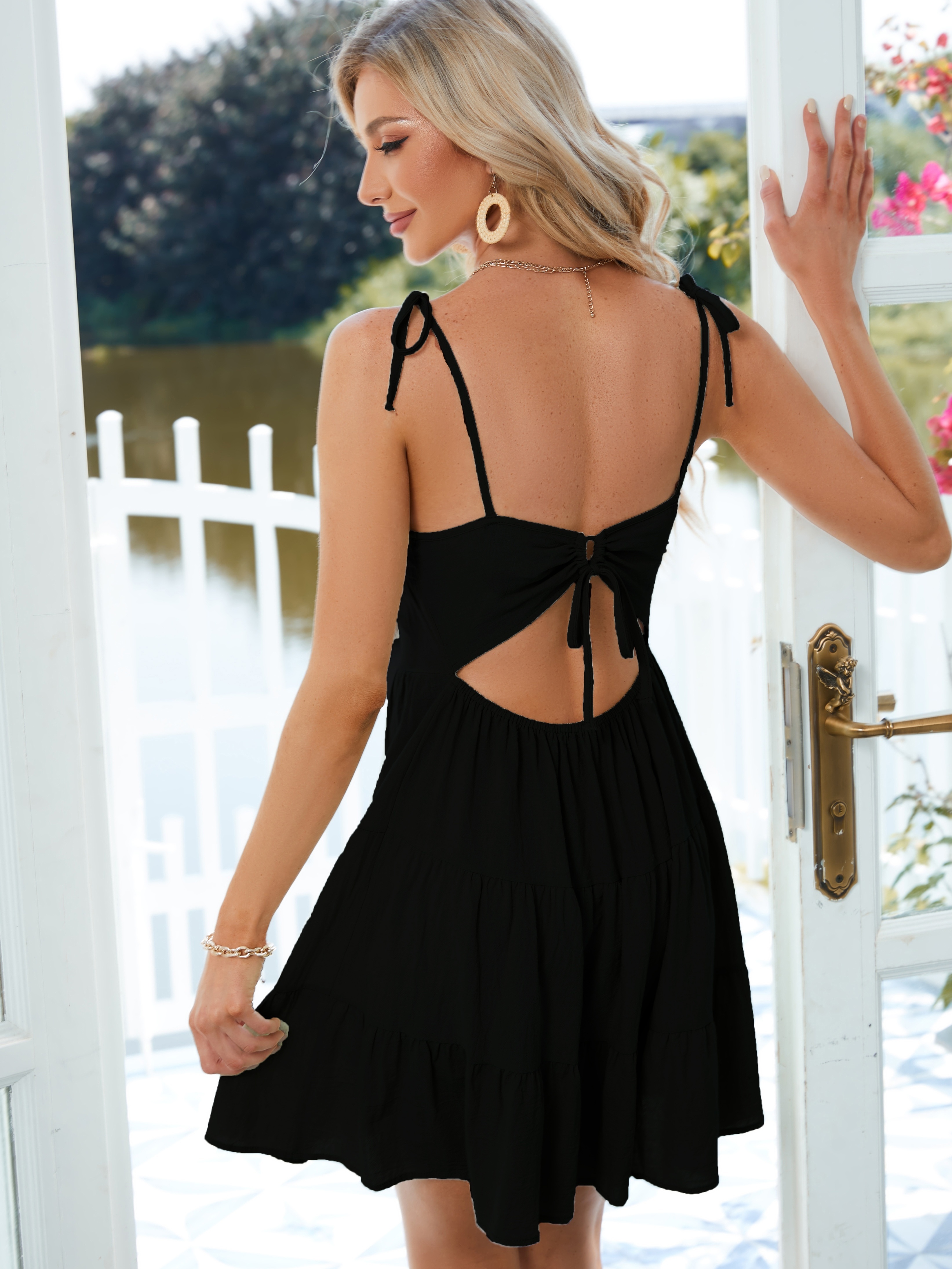 Solid Backless Pleated Cami Dresses Spaghetti Strap Solid - Temu