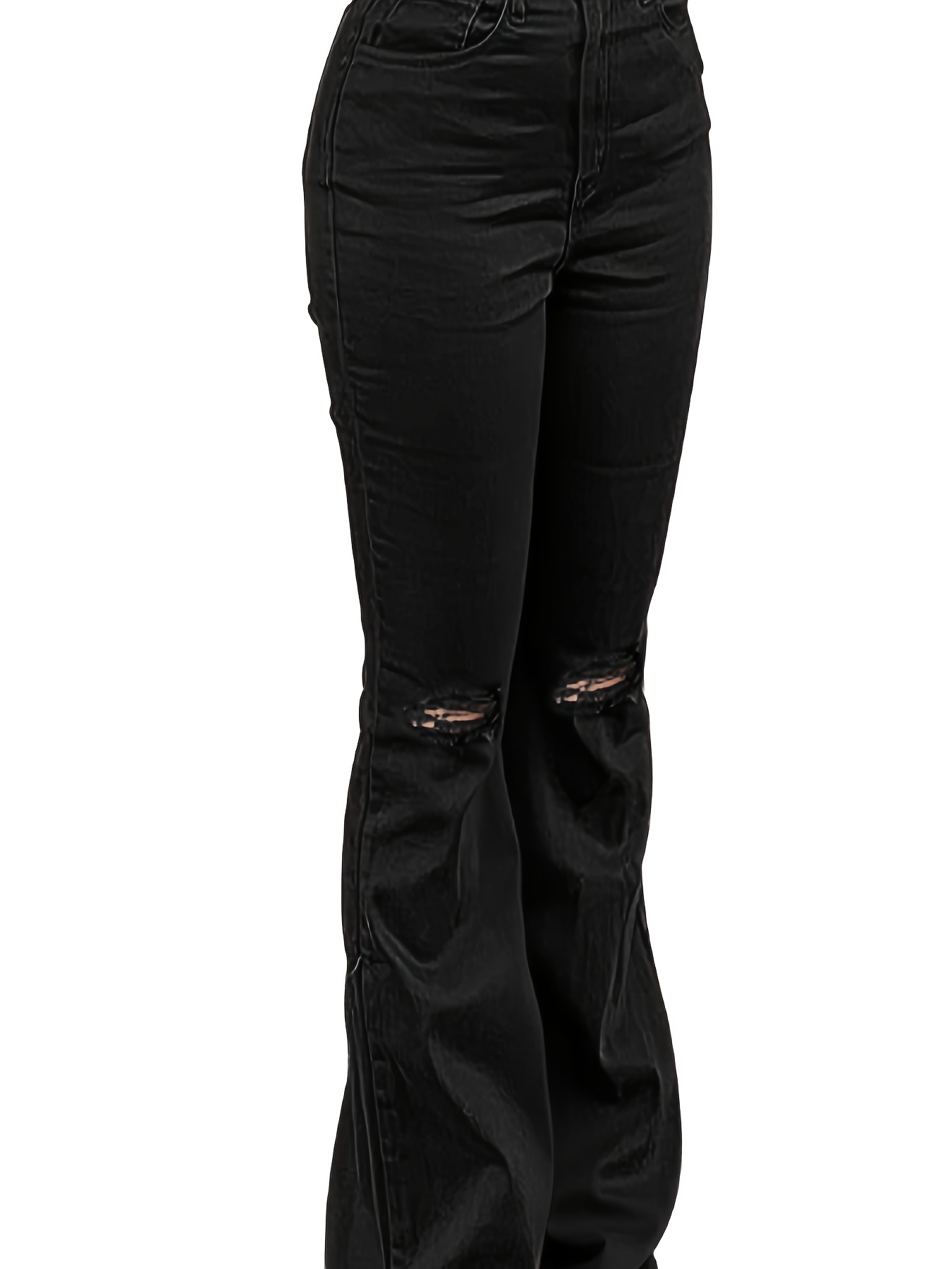 KaLI_store Jeans for Women Women Mid Rise Distressed Flare Wide Leg Jeans  Ripped Hole Denim Pants Black,L 