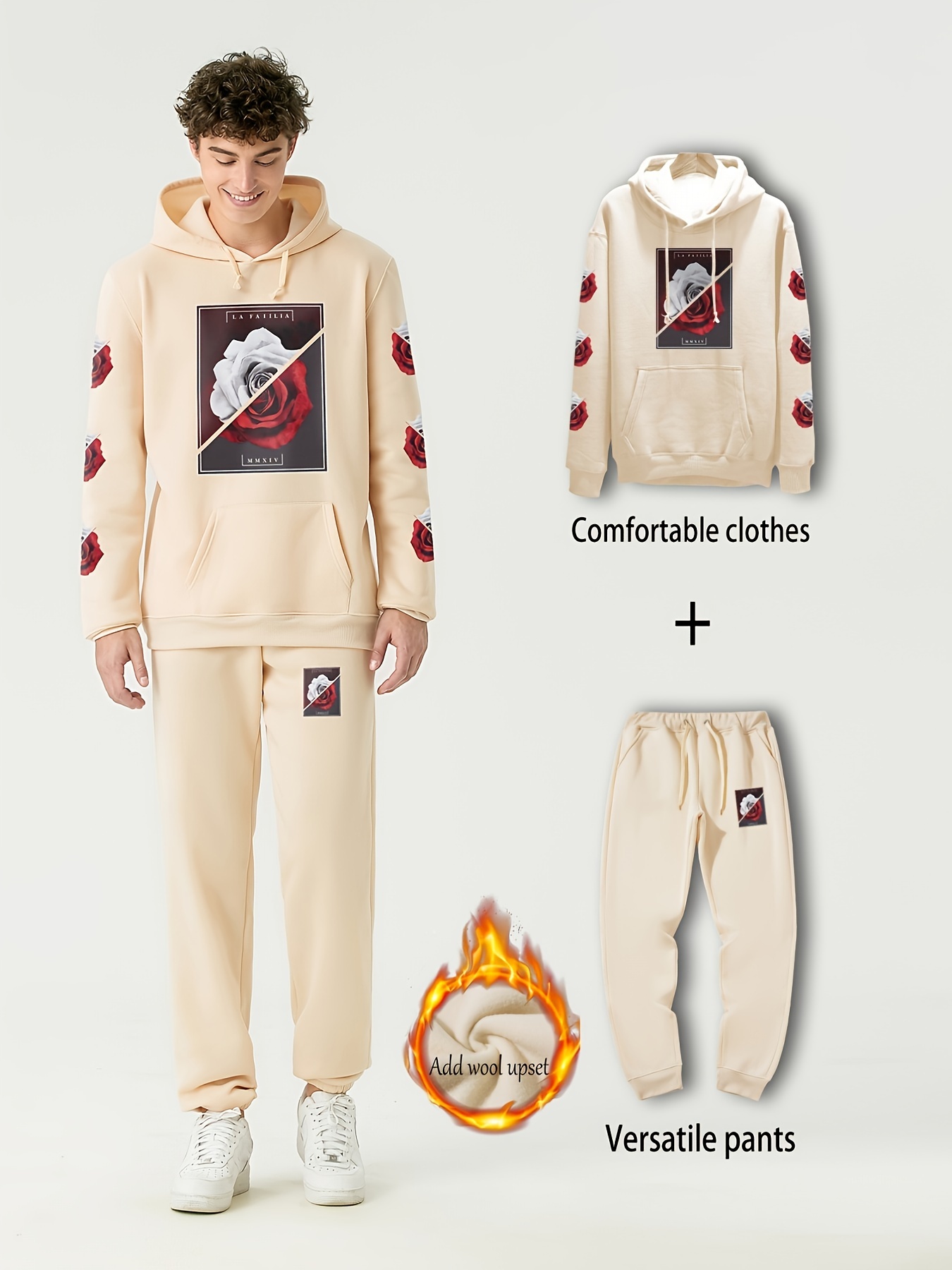 2pcs Mens Casual Warm Sweatsuits Graphic Print Hoodie With Kangaroo Pocket  Drawstring Sweatpants, Shop The Latest Trends