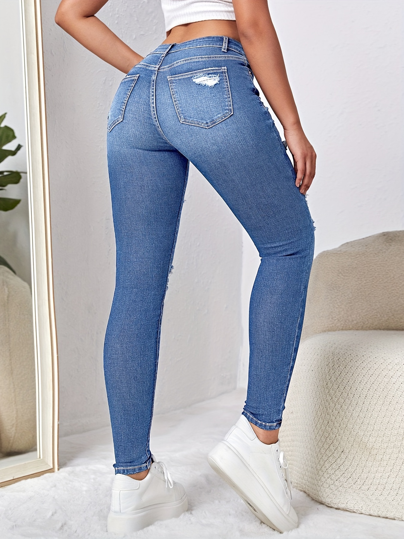 Blue Ripped Holes Skinny Jeans, Slim Fit Slash Pockets High-Stretch Denim  Pants, Women's Denim Jeans & Clothing
