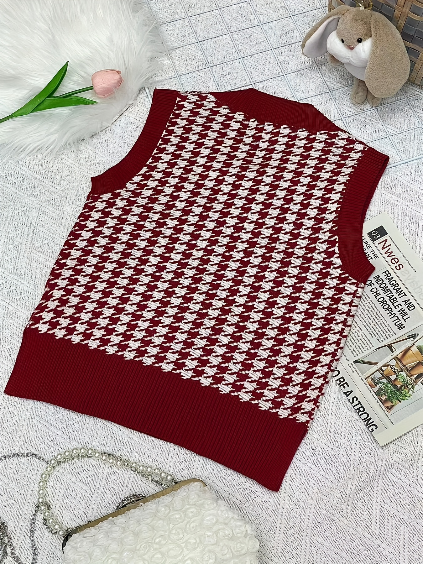 Girls Houndstooth Pattern V Neck Creative Knitted Fitness - Temu