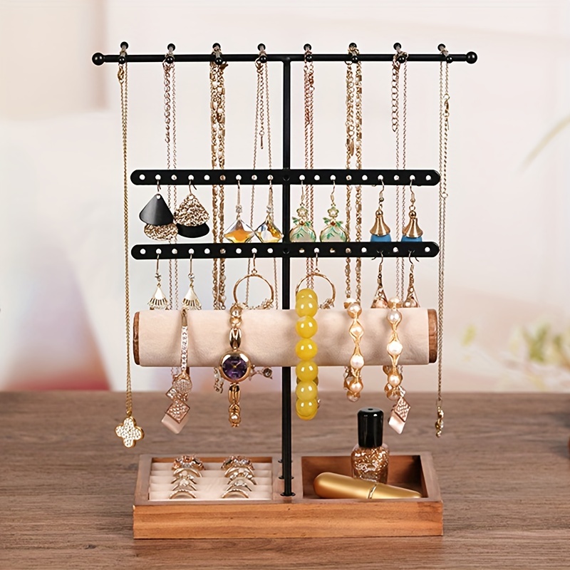 Organizador de collares, soporte para pulsera, exhibición de joyas de 2  niveles con base de madera para relojes, aretes, anillos, oro