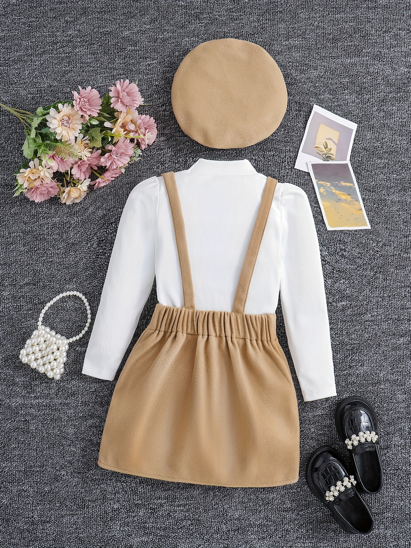 Long Sleeve Top & Suspender Skirt Girl's Set With Hat