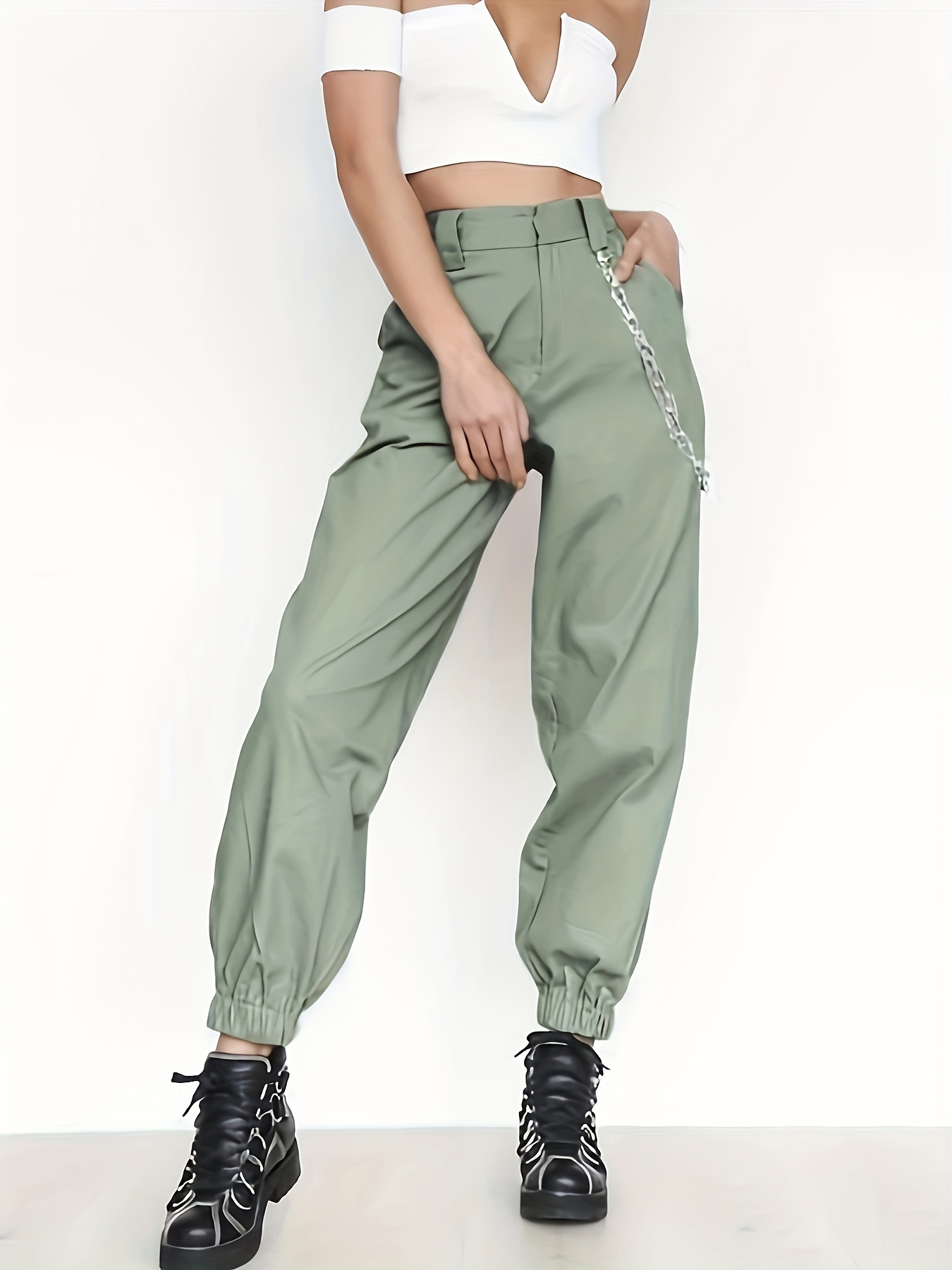 Plus Size Casual Pants, Women's Plus Solid High * Jogger Cargo Trousers  With Pockets