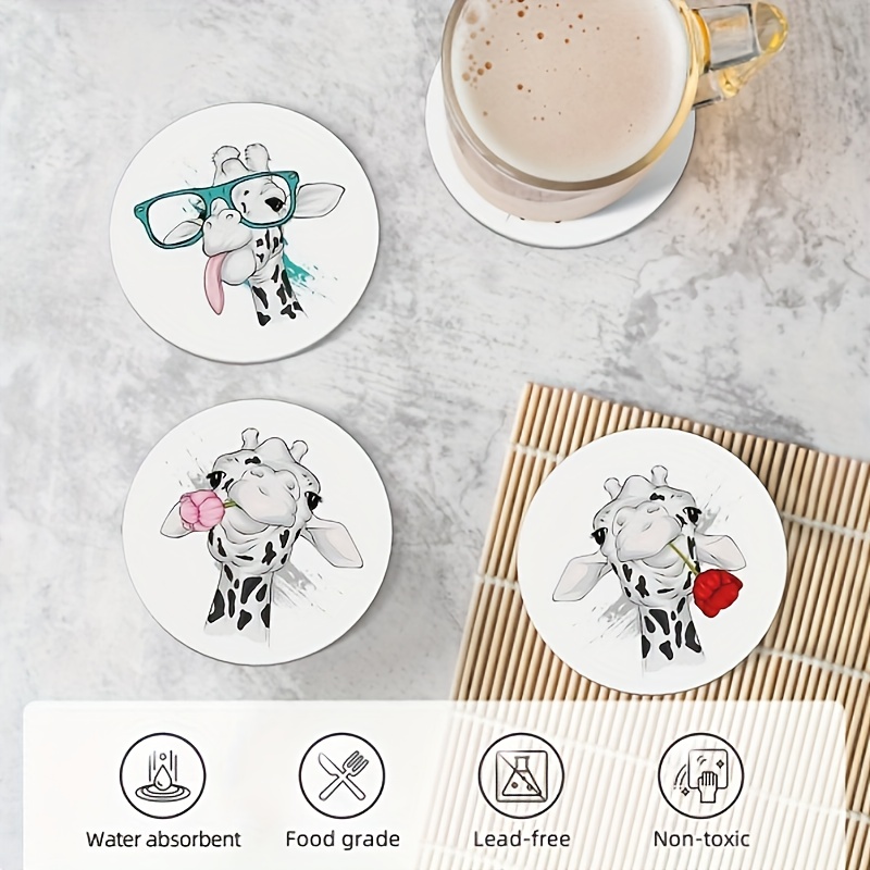 Cute Cartoon Giraffe Design Absorbent Coaster Round Ceramic Temu