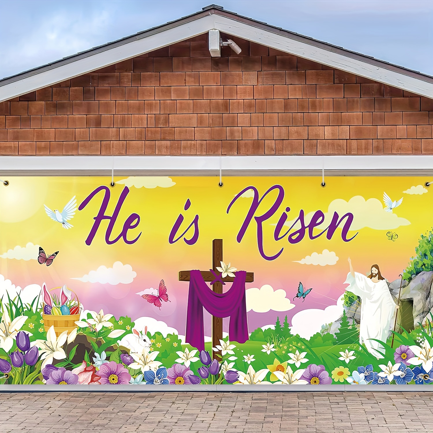 Easter Garage Door Decoration Happy Easter Garage Door Banner Large Bunny Egg Spring Flower Cover Background For Outdoor Indoor Hanging Party Supplies