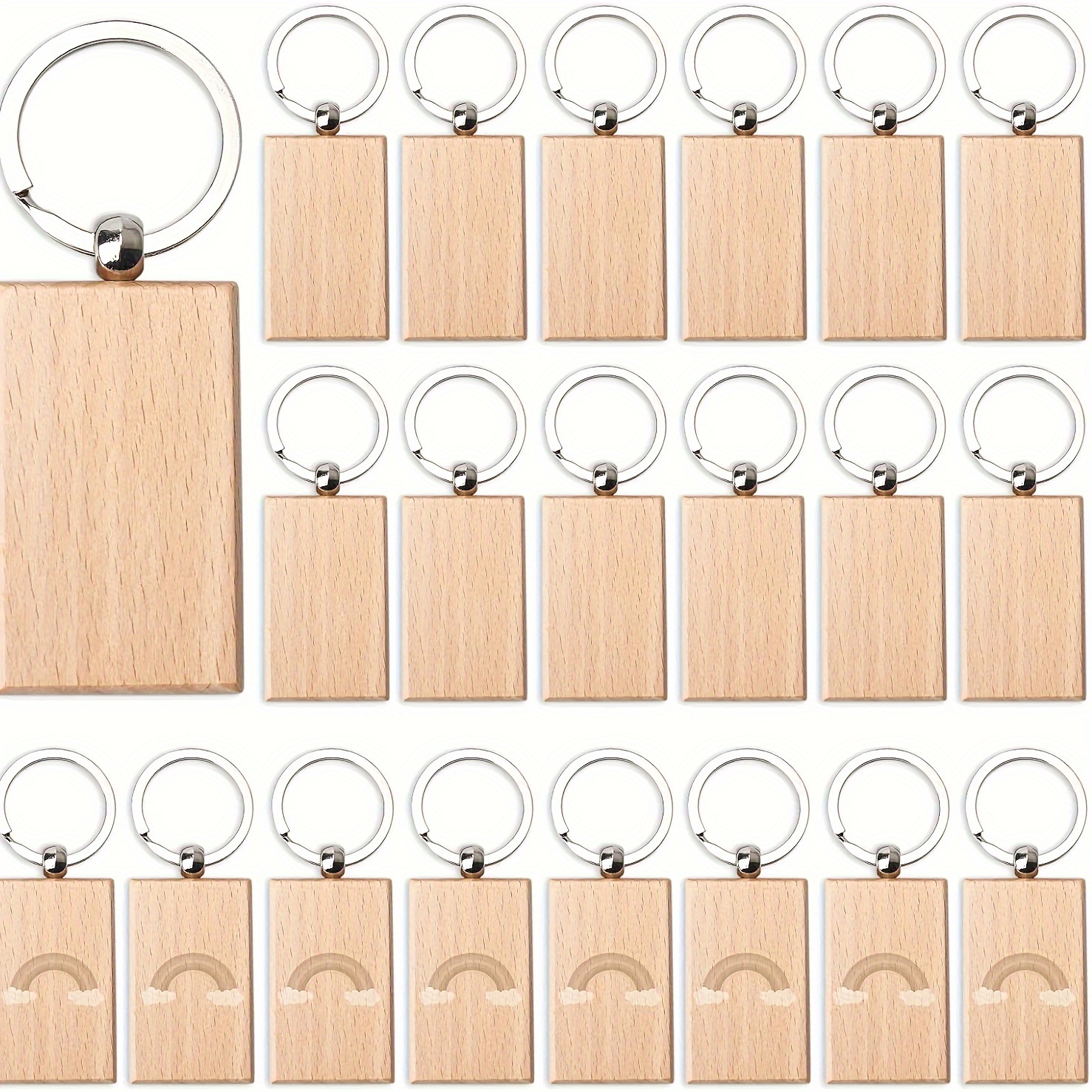 Llavero de madera grabada en blanco, llavero de madera con forma variada,  etiqueta de llave de madera sin terminar con anillo para bricolaje