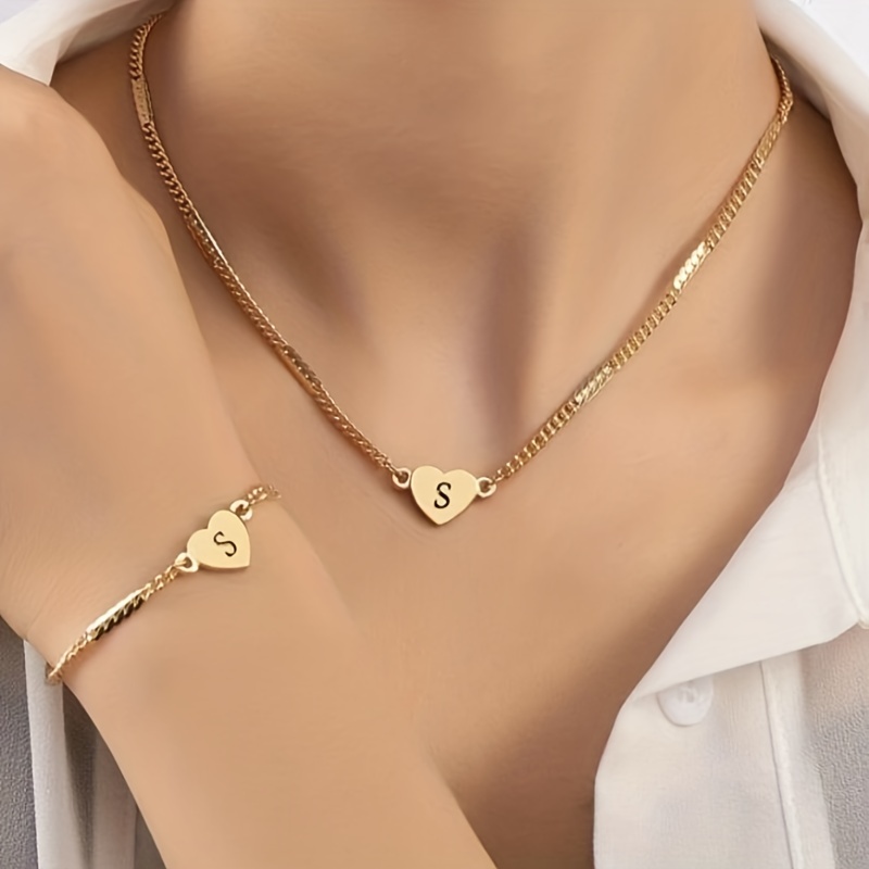 Bracelet Plus Necklace Elegant Jewelry Set 18k Gold Plated With Letter And  Heart Pendant Perfect Chrismas Birthday Gift Multi Types To Choose - Temu