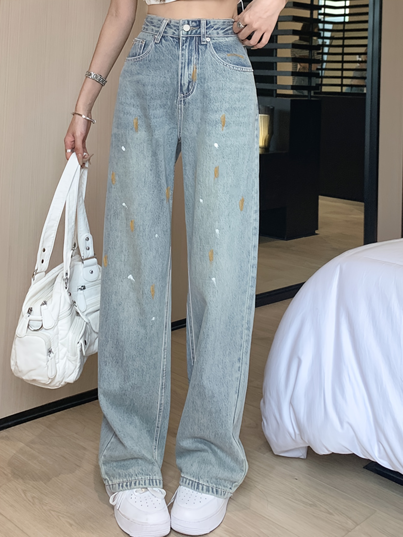 Cartoon & Letter Print Straight Jeans, Loose Fit Non-Stretch Casual Denim  Pants, Women's Denim Jeans & Clothing
