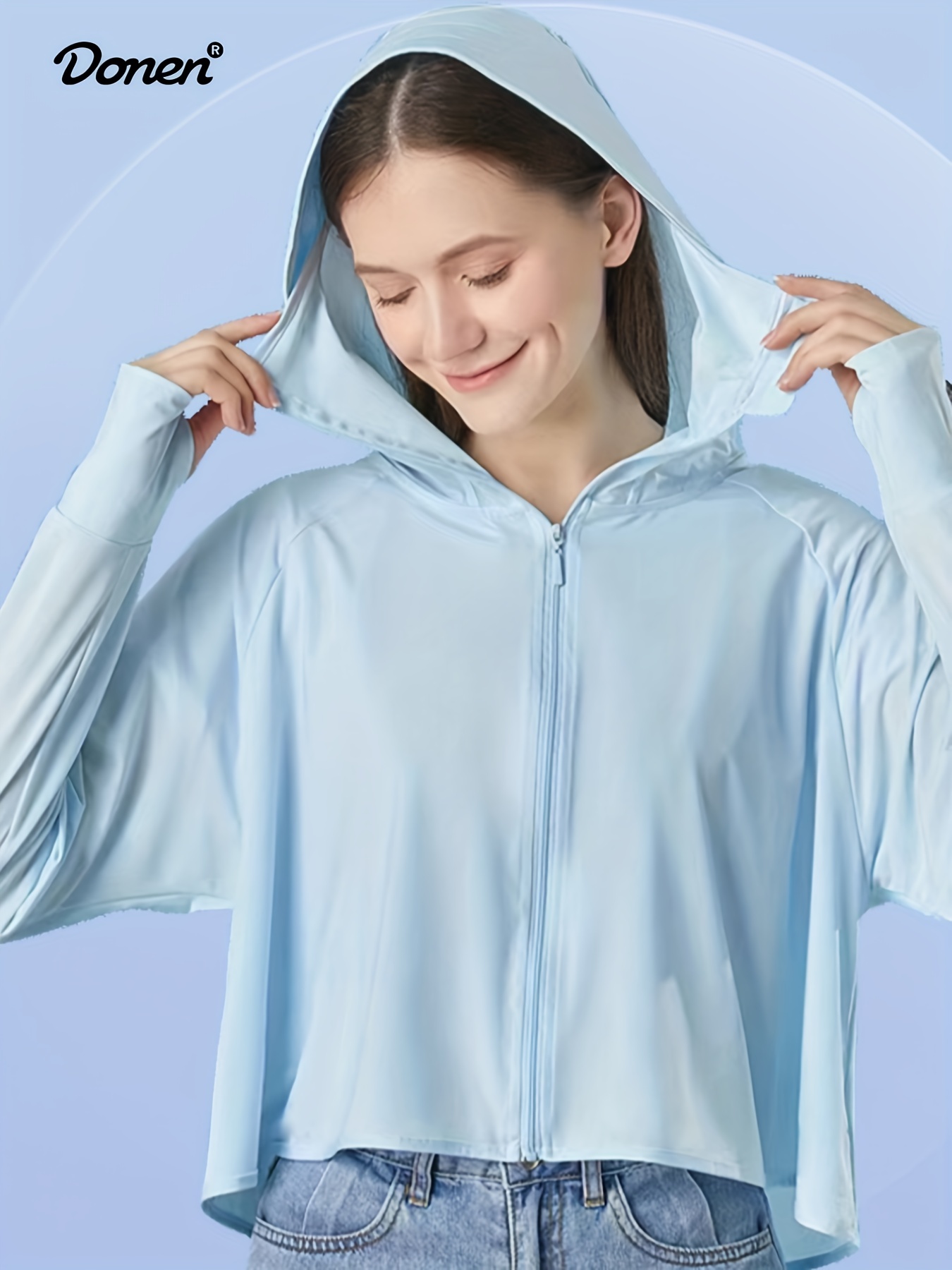 Women's Uv Protection Sun Shirt Hood Thumb Holes Zipper - Temu