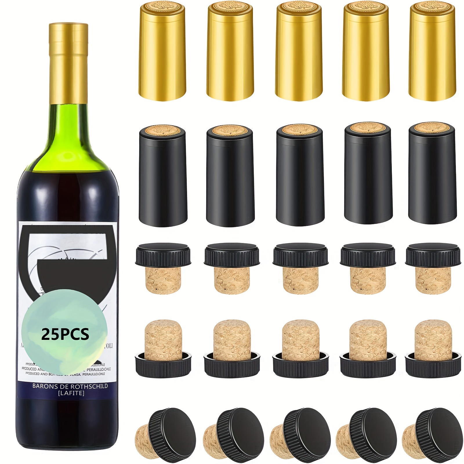 Tapón de corcho para botella de vino con tapa de plástico negro, cápsulas  termorretráctiles de PVC dorado, rojo y negro, corchos de vino en forma de  T