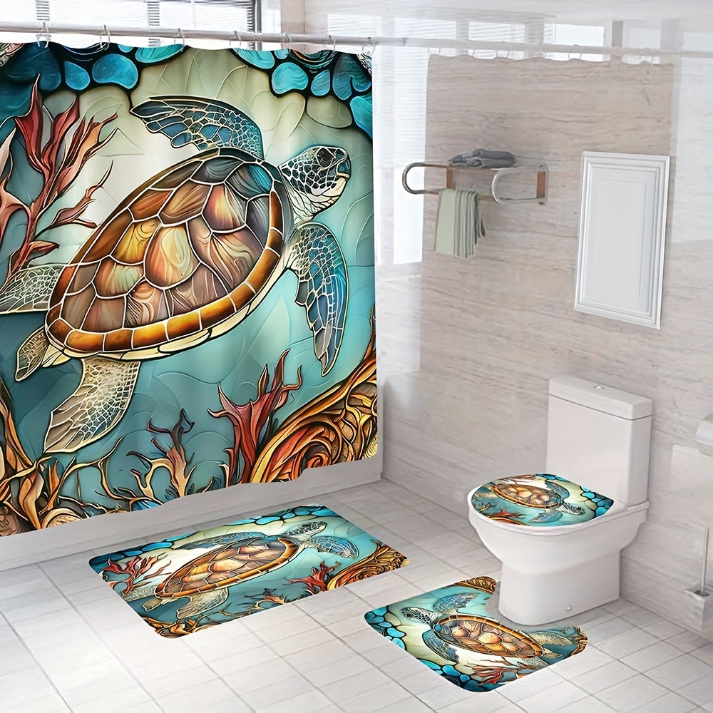 Blue Ocean Tropical Beach Sea Turtle Shower Curtain Bathroom Accessories  Set