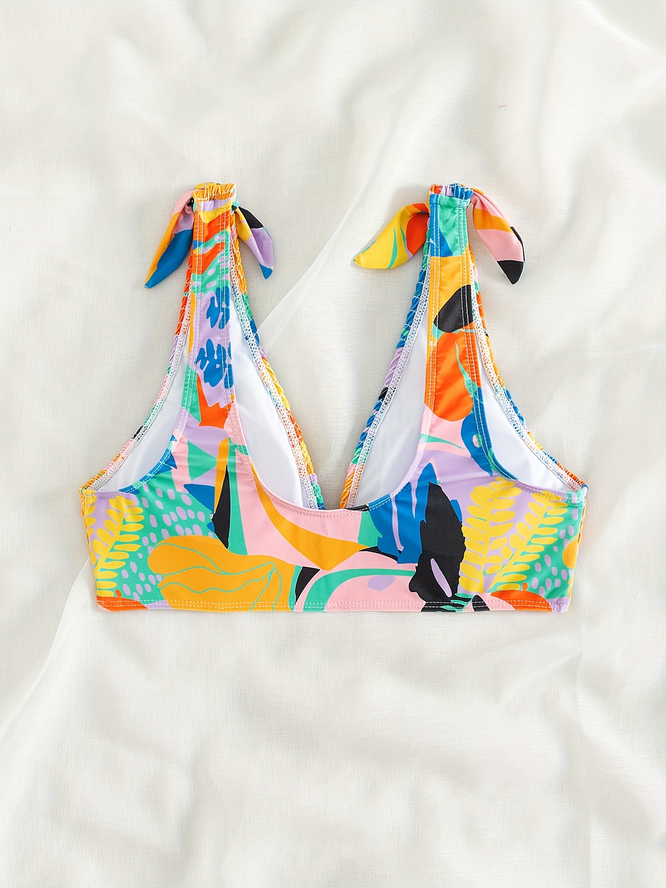 Leaf Print Shirred Knot Bikini Top, V Neck High Stretch Colorful Swimsuit Top Bra, Women's Swimwear & Clothing