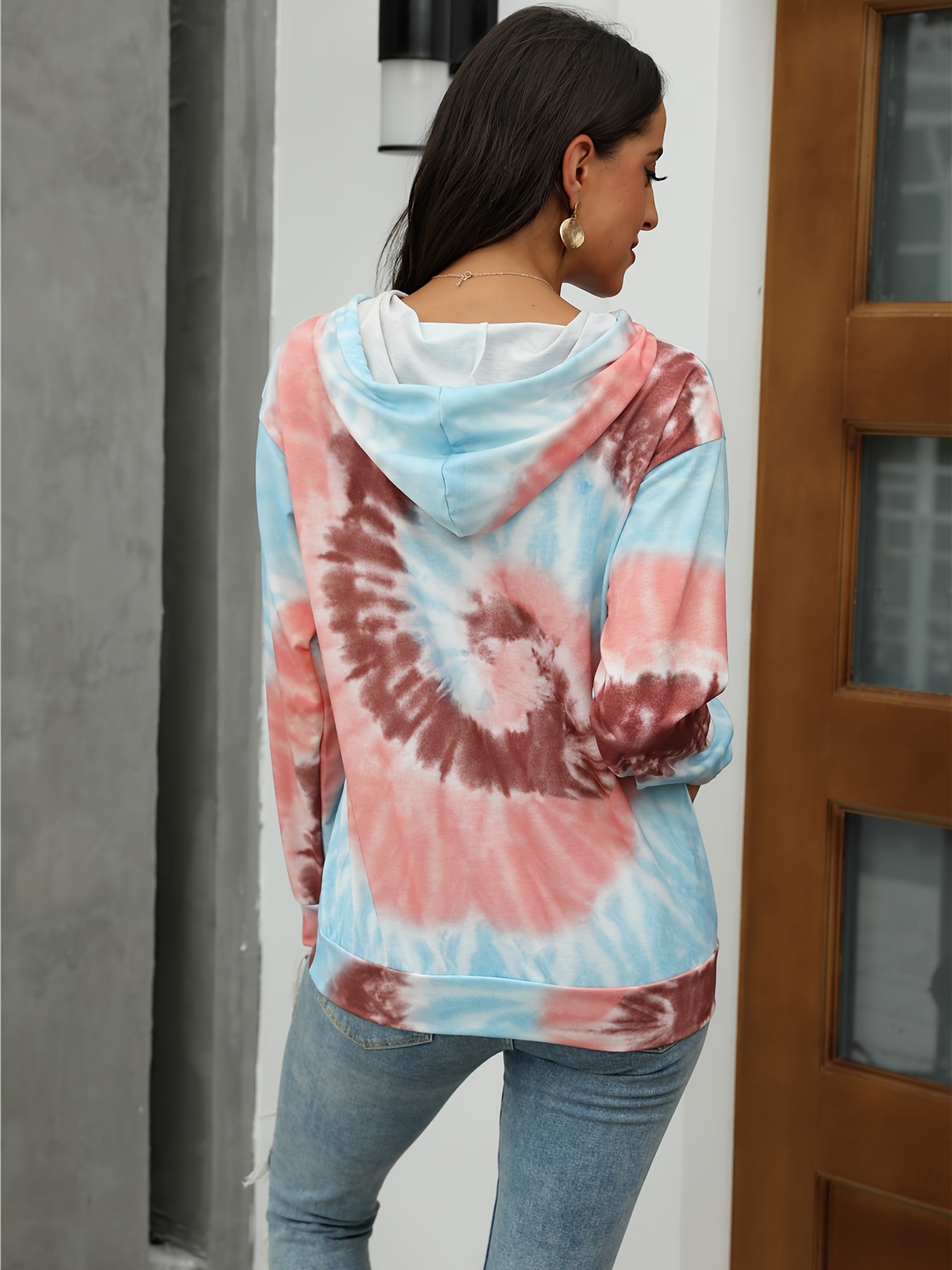 Floral Tie Dye Drawstring Loose Hoodie Casual Hooded Pocket Temu