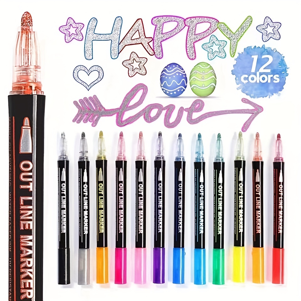 Eqwljwe Super Squiggles Outline Metallic Markers Pens, Double Line Paint Markers Pens, for Christmas Greeting Cards, Scrapbook Crafts, Metal, Ceramic