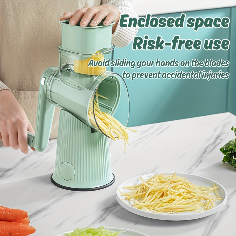Tevokon Cheese Shredder Rotary Cheese Grater Manual Vegetable Slicer with 3  Interchangeable Stainless Steel Blades with Suction Base Cheese Grater and