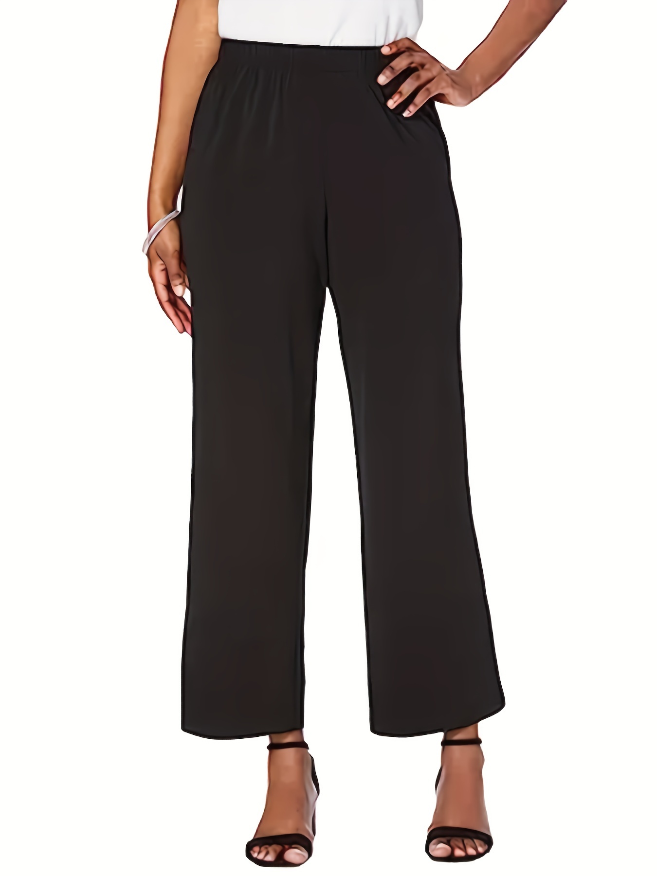 Plus Size Casual Pants, Women's Plus Solid Elastic High Rise Slight Stretch  Pleated Wide Leg Trousers