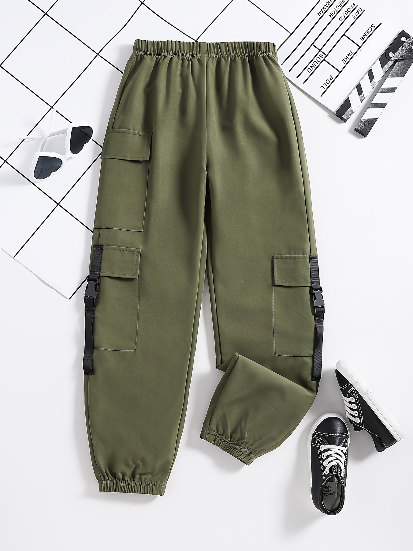 Girls Trendy Solid Big Pockets Fashion Cargo Pants Belt - Temu