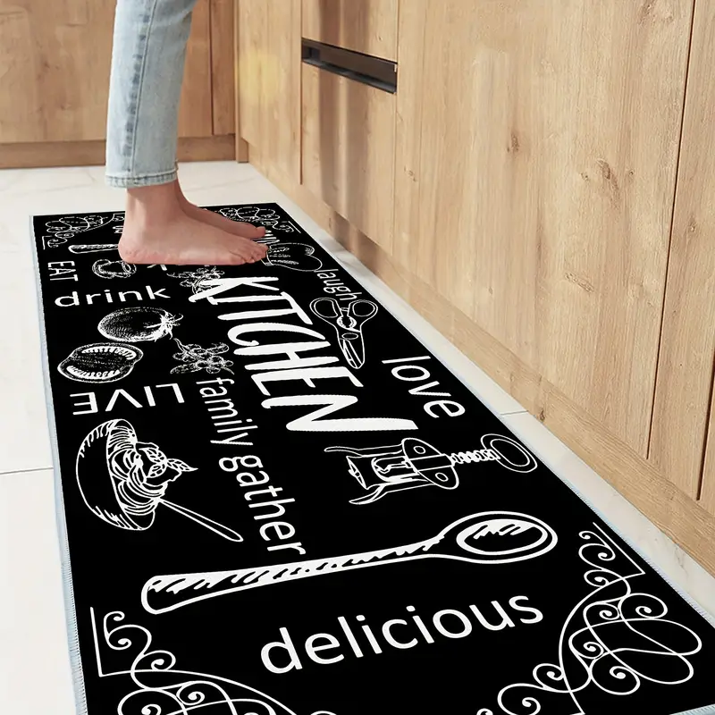Black And White Kitchenware Printed Kitchen Rugs, Absorbent Non