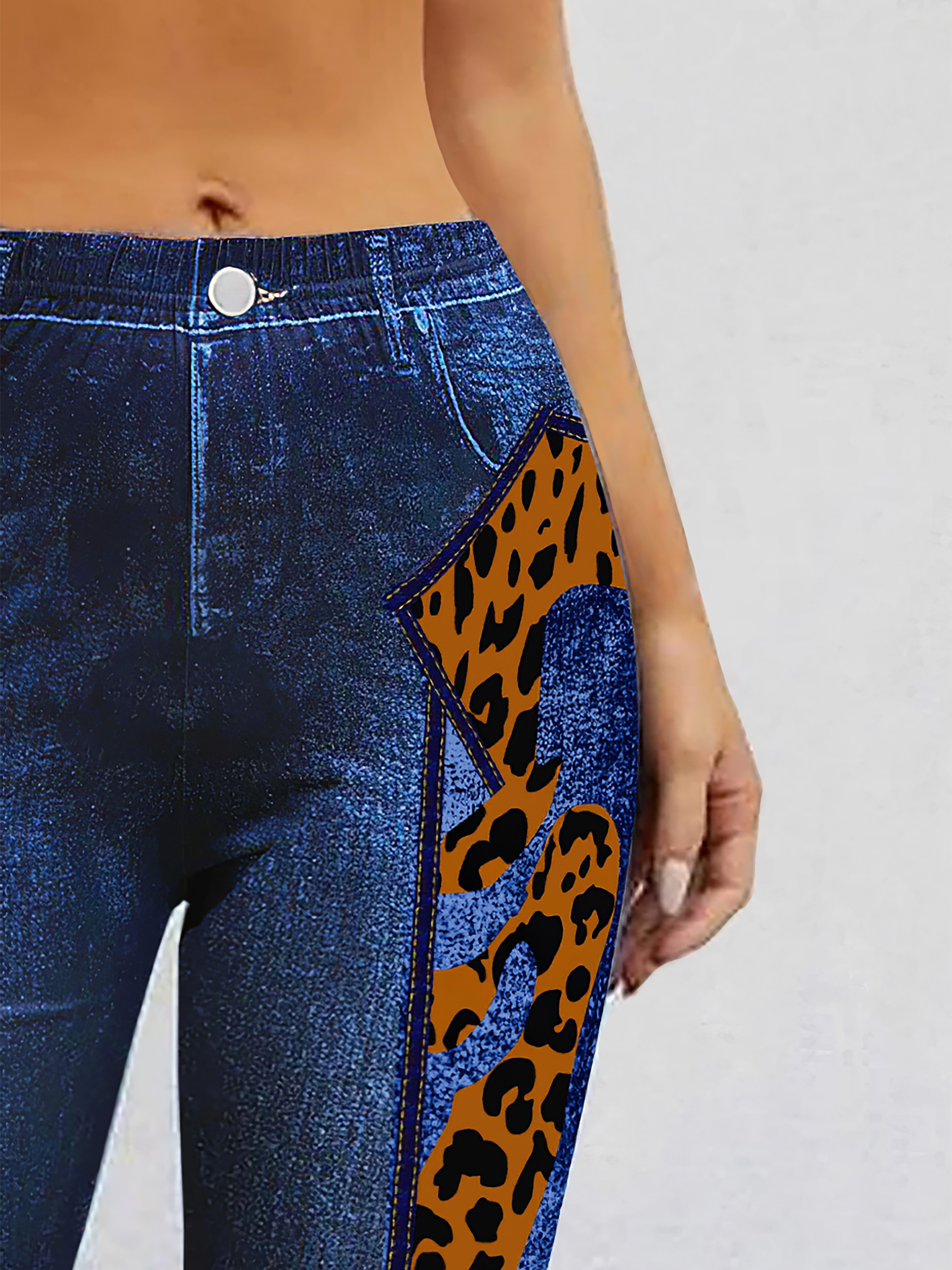 womens high waist leopard print denim look leggings sexy Temu
