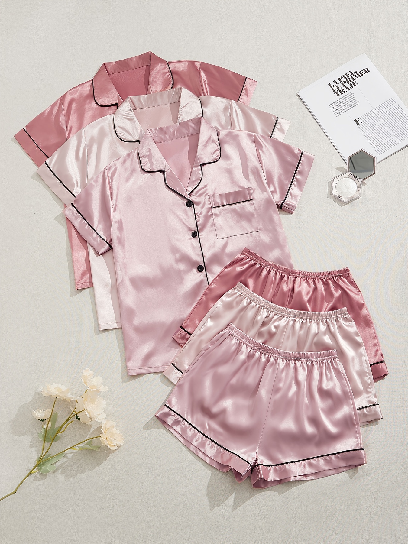 Satin Pajama Set Short Sleeve Lapel Top Elastic Waistband - Temu Canada